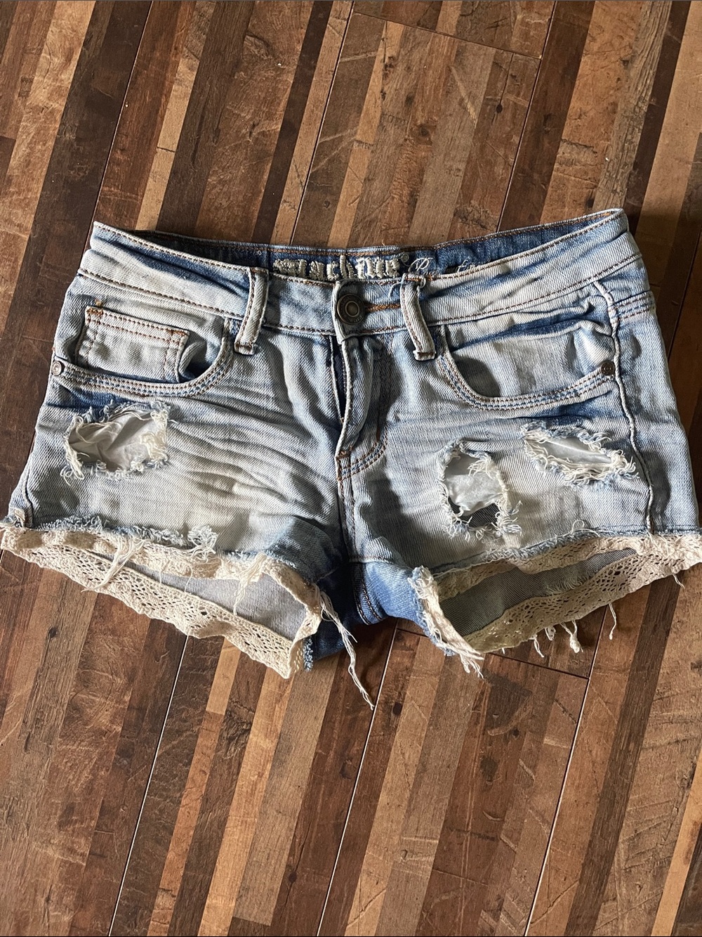 Machine Light Blue Distressed Denim Lace-Trim Shorts